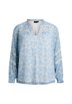 Niebiesko-kremowa bluzka w kwiaty z dekoltem w serek, długimi rękawami, koronkowymi detalami na rękawach i luźnym krojem. Wykonana z lekkiego, teksturowanego materiału.