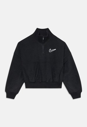 Schwarzer Nike Fleece-Pullover mit Viertel-Reißverschluss, hohem Kragen, gerippten Bündchen und Saum sowie weißem Nike Swoosh-Logo auf der linken Brust.
