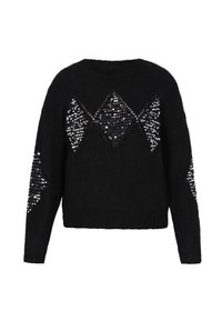 Schwarzer, gestrickter Pullover mit Rundhalsausschnitt, lässiger Passform, mit Pailletten-Diamantmustern auf der Vorderseite und den Ärmeln. Weiche Textur, ohne Verschlüsse.