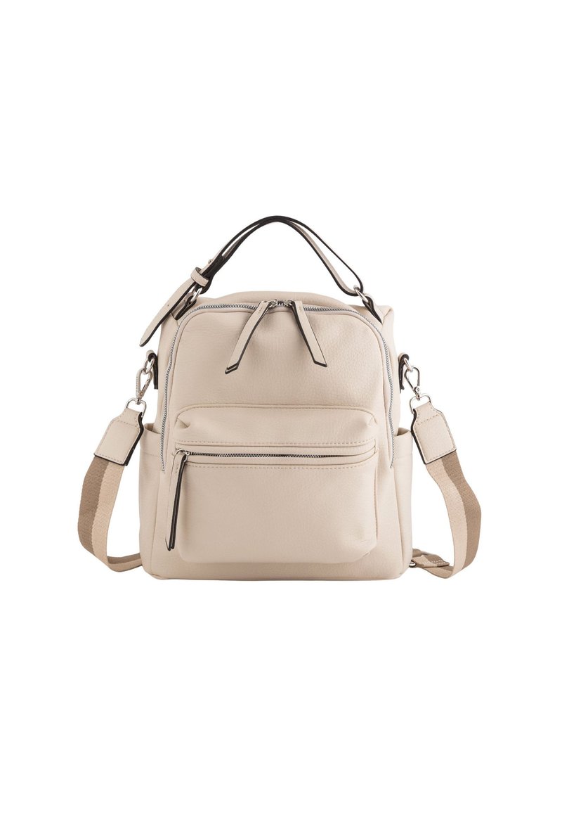 Mochila de cuero beige con cremalleras dobles, un bolsillo frontal y un asa corta. Cuenta con una correa para el hombro ajustable en un color contrastante.