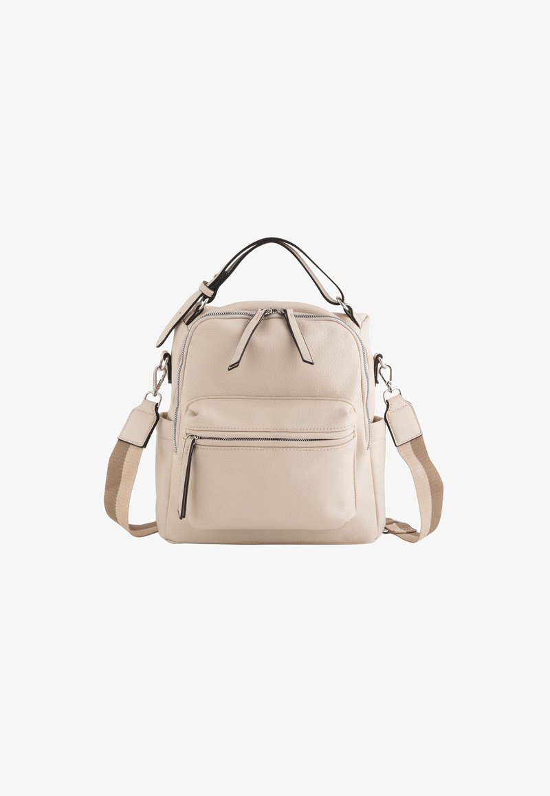 Mochila de cuero beige con cremalleras dobles, un bolsillo frontal y un asa corta. Cuenta con una correa para el hombro ajustable en un color contrastante.
