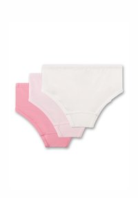 Drie paar katoenen slips in lichtroze, bleekroze en wit. Elk heeft een soepele textuur en een elastische tailleband met stikseldetails.