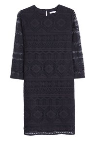 Abito in pizzo nero con maniche a tre quarti, caratterizzato da intricati motivi geometrici, colletto rotondo e una piccola apertura sul retro.