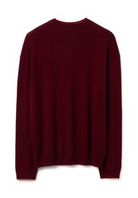Pull bordeaux en tricot doux, avec un col rond, des manches raglan longues et un ourlet côtelé. Sans motifs ni embellissements.
