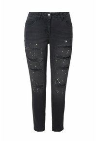 Zwarte denim spijkerbroek met gescheurde details, rafelige randen en witte verfspetters, voorzien van een sluiting met knoop aan de voorkant en zakken.