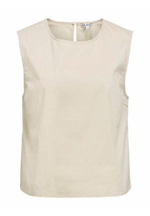 Blouse beige sans manches avec col rond et fermeture par bouton dans le dos, en tissu lisse et léger.