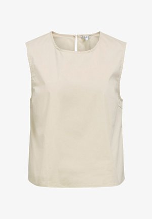 Beige ermeløs bluse med rund halsutskjæring og knappestenging bak, laget av glatt, lett stoff.