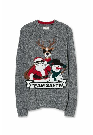 Suéter gris de punto con un Santa Claus con gafas de sol, un reno y un muñeco de nieve junto al texto "EQUIPO SANTA" en el frente.