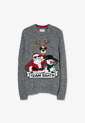 Maglione grigio lavorato a maglia con Babbo Natale che indossa occhiali da sole, una renna e un pupazzo di neve accanto al testo "TEAM SANTA" sul davanti.