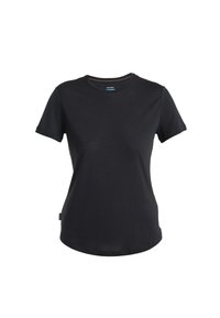 Black short-sleeve t-shirt made of soft fabric. Features a crew neckline and a subtle orange accent inside the collar.