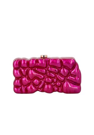 Shiny pink rectangular clutch bag with raised, irregular textured pattern and small gold clasp on top against white background.