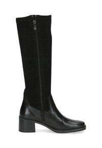 Botas negras hasta la rodilla que combinan cuero liso y gamuza, con cremallera lateral y un tacón cuadrado para mayor estabilidad.