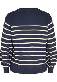 Námořnický svetr s bílými vodorovnými pruhy, ribbová textura, kulatým výstřihem a nabíranými rukávy. Vyznačuje se volným střihem a měkkou tkaninou.