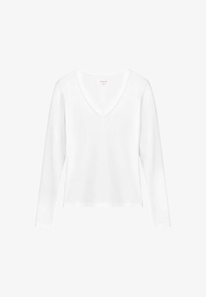 Bílý dlouhý rukáv top s hlubokým V-výstřihem. Vyrobeno z hladkého materiálu s mírným leskem. Ležérní střih, mírně zkrácený lem. Bez viditelných vzorů nebo akcentů.