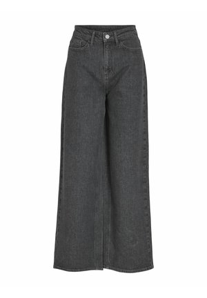 Høyt liv og vide ben jeans i mørkegrå denim, med frontknappelukking, to sidelommer og rene sømmer.
