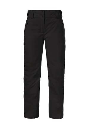 Schwarze Skihosen mit geradem Design, aus wasserdichtem Material gefertigt. Verfügt über Gürtelschlaufen, zwei Seitentaschen und eine Reißverschluss-Beintasche.