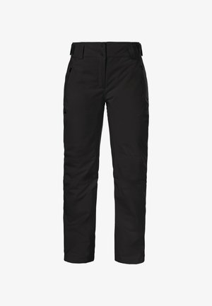 Black ski pants with a straight design, made from waterproof material. Features belt loops, two side pockets, and a zippered leg pocket.