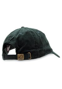Dark green corduroy baseball cap featuring a curved brim, adjustable strap, and a metal kangaroo logo accent on the back.