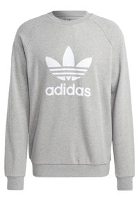 Grauer Sweatshirt aus weichem Material mit einem großen weißen Adidas-Logo und drei Streifen, gerippten Bündchen und einem Rundhalsausschnitt.