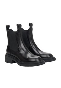 Czarne skórzane botki Chelsea z elastycznymi bocznymi panelami, okrągłym noskiem i masywnym obcasem. Gładka tekstura i pętle do łatwego zakładania.
