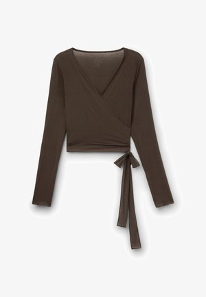 Brown, long-sleeve wrap top made of soft fabric. Features a V-neck design and a side tie accent on the waist. Smooth texture.