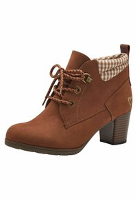 Brown suede ankle boots with a checkered cuff, rounded toe, round laces, gold-tone hardware, and a stacked heel with horizontal stripes.