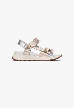 Lightweight sandals with gold and silver metallic straps, adjustable velcro closures, and a cushioned white sole with textured rubber outsole.
