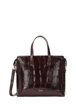 Deep burgundy handbag crafted from glossy textured material, featuring a crocodile print, dual handles, and a detachable shoulder strap.