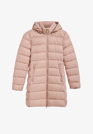 Ocieplana kurtka w delikatnym różowym kolorze, z kapturem, zapięciem na zamek błyskawiczny oraz dwiema bocznymi kieszeniami na zamek. Poziome przeszycia dodają tekstury i wymiaru.