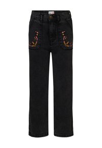Svarta jeans med rak benform. Utsmyckad med blommig broderi i rosa och gult på framfickorna. Metallknappstängning.