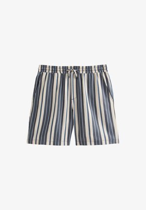 Shorts bleu et crème à rayures avec une taille élastique, détail de cordon de serrage et poches latérales ; fabriqués en matériau en coton léger.