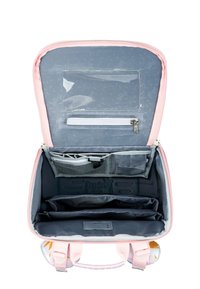 Borsa per pranzo isolata rosa e grigia con doppia cerniera, tasca interna in rete, due scomparti e una borsa trasparente con cerniera. Interno tessurizzato.