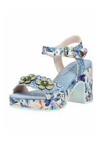 Sandale fleurie bleue à talon haut avec bride cheville, boucle, semelle plateforme et décorations florales vertes sur la bride des orteils.