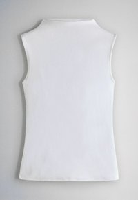 White sleeveless turtleneck top laid flat, showing back with smooth fabric and clean, simple design.
