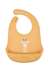 Gelbes Silikonbaby-Lätzchen mit einem Giraffenmotiv und einer Fronttasche zum Auffangen von Essen. Verstellbarer Hals mit mehreren Druckknöpfen.
