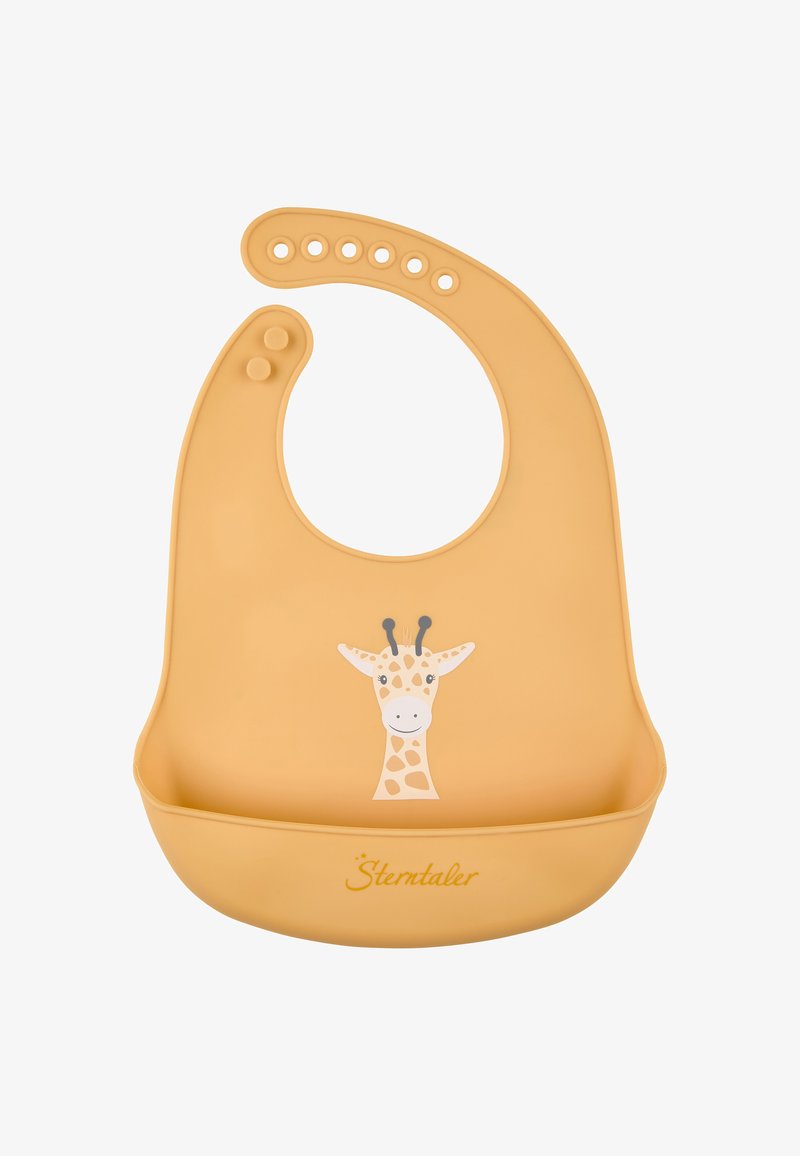 Gelbes Silikonbaby-Lätzchen mit einem Giraffenmotiv und einer Fronttasche zum Auffangen von Essen. Verstellbarer Hals mit mehreren Druckknöpfen.