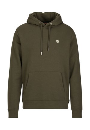 Hooded sweatshirt in olive green, featuring a front pocket, adjustable drawstrings, and a small logo on the chest. Soft, cotton-blend fabric.