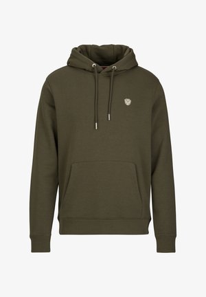 Hoodie in olijfgroen, met een voorzak, verstelbare koorden en een klein logo op de borst. Zachte, katoenen stofmix.
