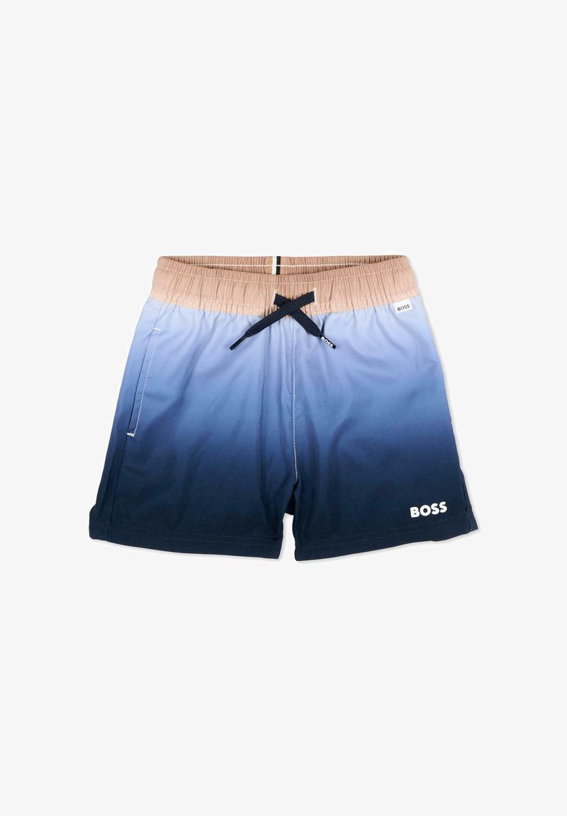 Shorts de bain pour hommes avec une ceinture élastique beige, un cordon de serrage bleu marine, un tissu dégradé bleu, une poche latérale et un logo "BOSS" blanc sur la jambe.
