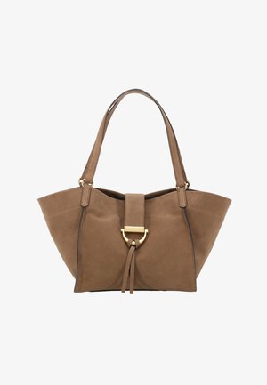 Brown suede tote bag with a wide opening, dual shoulder straps, gold-tone hardware, and a central strap featuring a circular clasp detail.