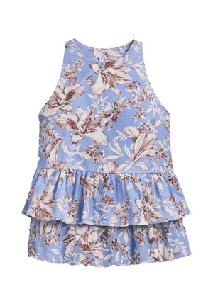 Haut bleu sans manches avec imprimé floral marron et blanc, doté d'un col rond et de deux ourlets à volants superposés.