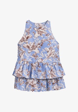 Haut bleu sans manches avec imprimé floral marron et blanc, doté d'un col rond et de deux ourlets à volants superposés.