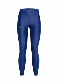 Granatowe legginsy sportowe z wysokim stanem, gładką teksturą, bocznymi szwami i białym logo Under Armour na lewym udzie.