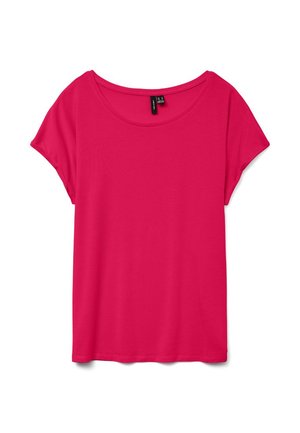 Lyserosa kortermet dame-T-skjorte med bred rund hals og ledig passform på hvit bakgrunn.