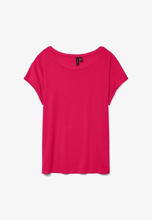 Lyserosa kortermet dame-T-skjorte med bred rund hals og ledig passform på hvit bakgrunn.