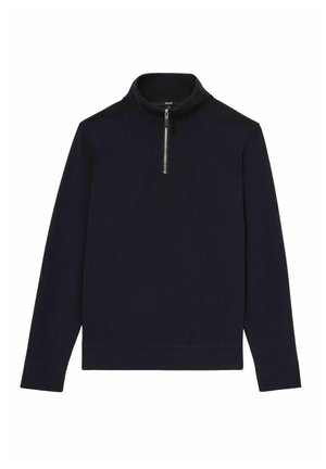 Maglione blu navy con colletto alto, dotato di chiusura a zip quarti sul davanti, maniche lunghe e polsini a coste. Realizzato in un tessuto liscio e elasticizzato.