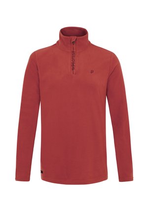 Červený fleecový pulovr s vysokým límcem, half-zip zapínáním a tonální vyšitým logem na hrudi. Obsahuje dlouhé rukávy a měkkou texturu.