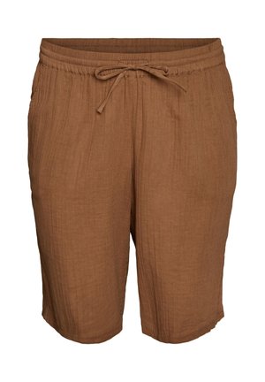 Bruine knielange linnen short met elastische tailleband en voorzijde koord, met een ontspannen pasvorm en subtiele verticale textuur.