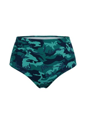 High-waisted bikinibroekje met een blauwgroen camouflag patroon, naadloze randen, op een effen witte achtergrond.