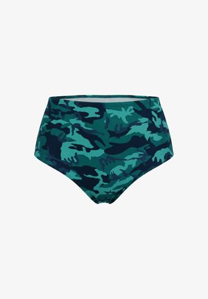 Hochtaillierter Bikini-Slip mit blau-grünem Camouflage-Muster, nahtlose Kanten, auf schlichtem weißem Hintergrund.